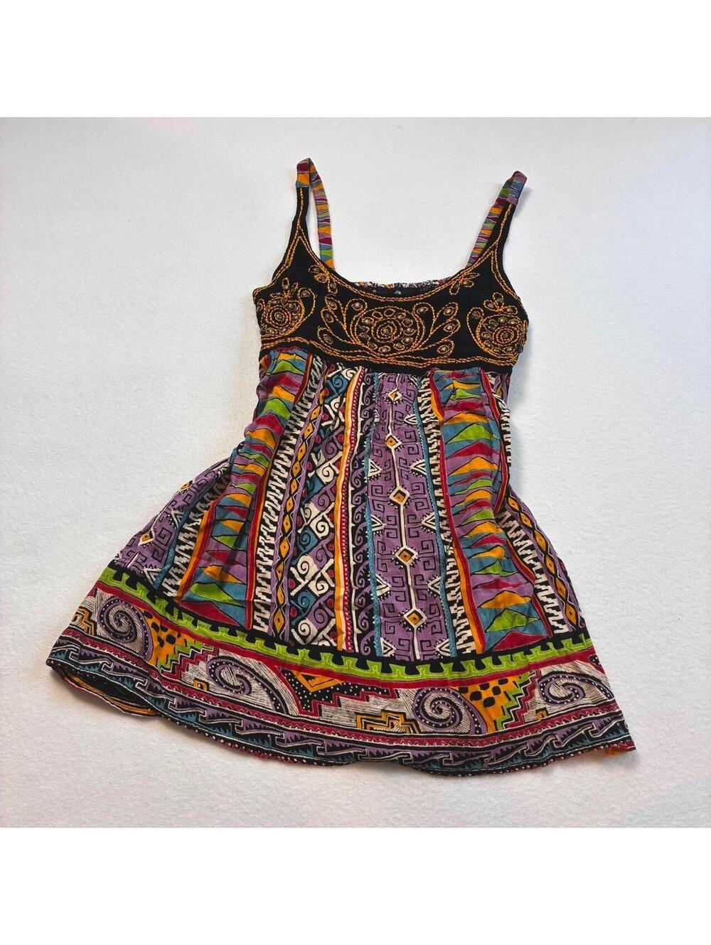beaded boho babydoll y2k Angie top multicolored geometric tribal patterns large